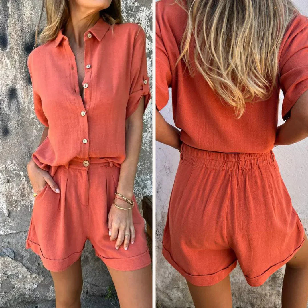 Lina - Premium Linned Skjorte og Shorts Sæt