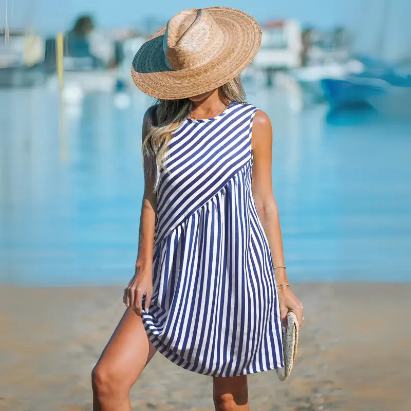 Ginette - Modré Pruhované Bavlnené Letné Šaty
