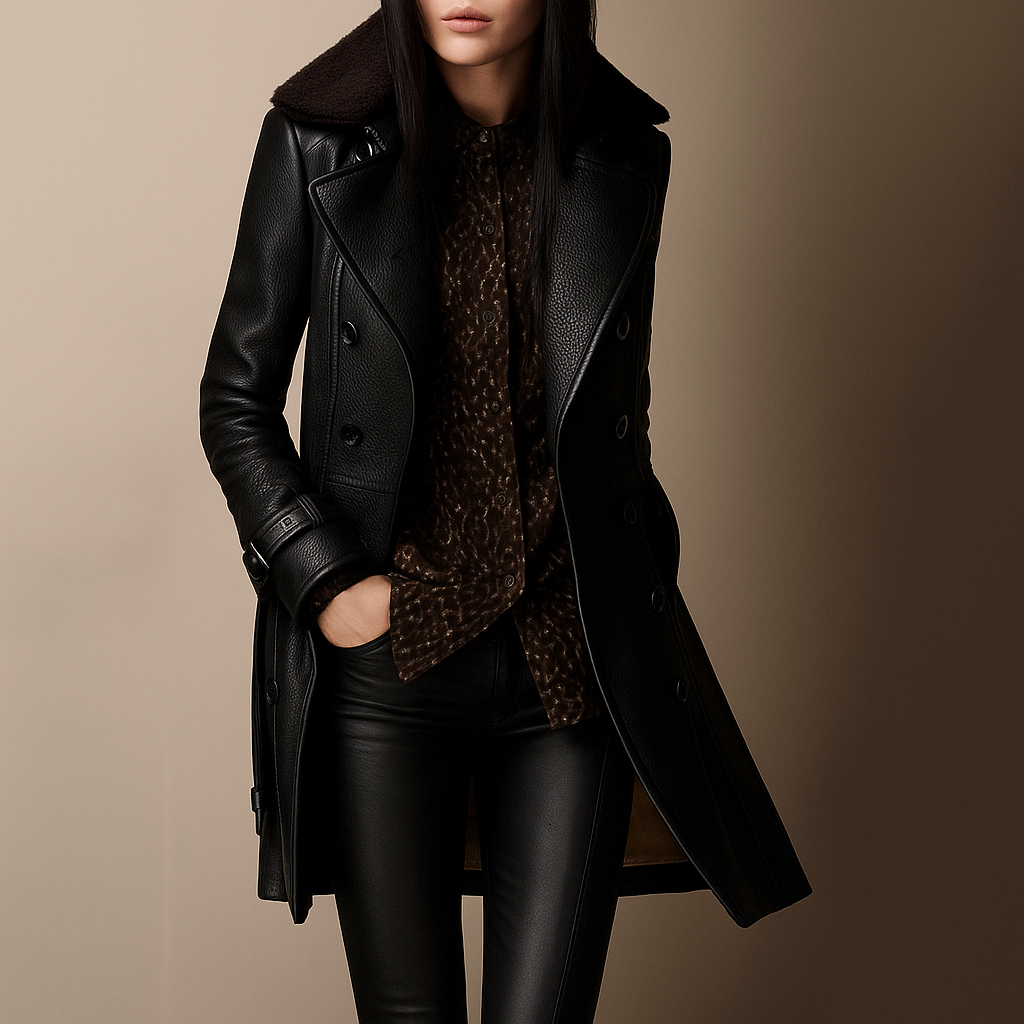 Lidwina - Elegantní Polodlouhý Kabát Z Přírodní Kůže