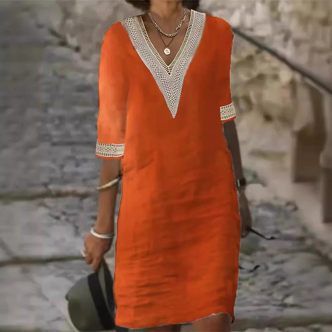 Harriet - Elegant Kjole i Udsøgt Hør med V-hals